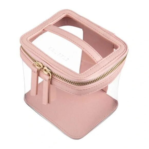 TRUFFLE Blush Pink Genuine Leather Clear Clarity Mini Train Case with Top Handle - Picture 1 of 12